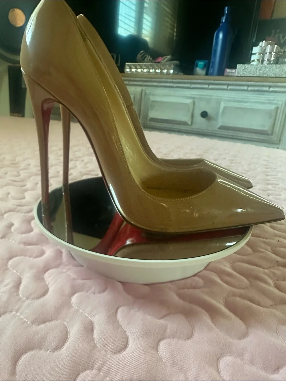 Christian Louboutin Nude Patent Pointed-Toe Pumps with Red Soles